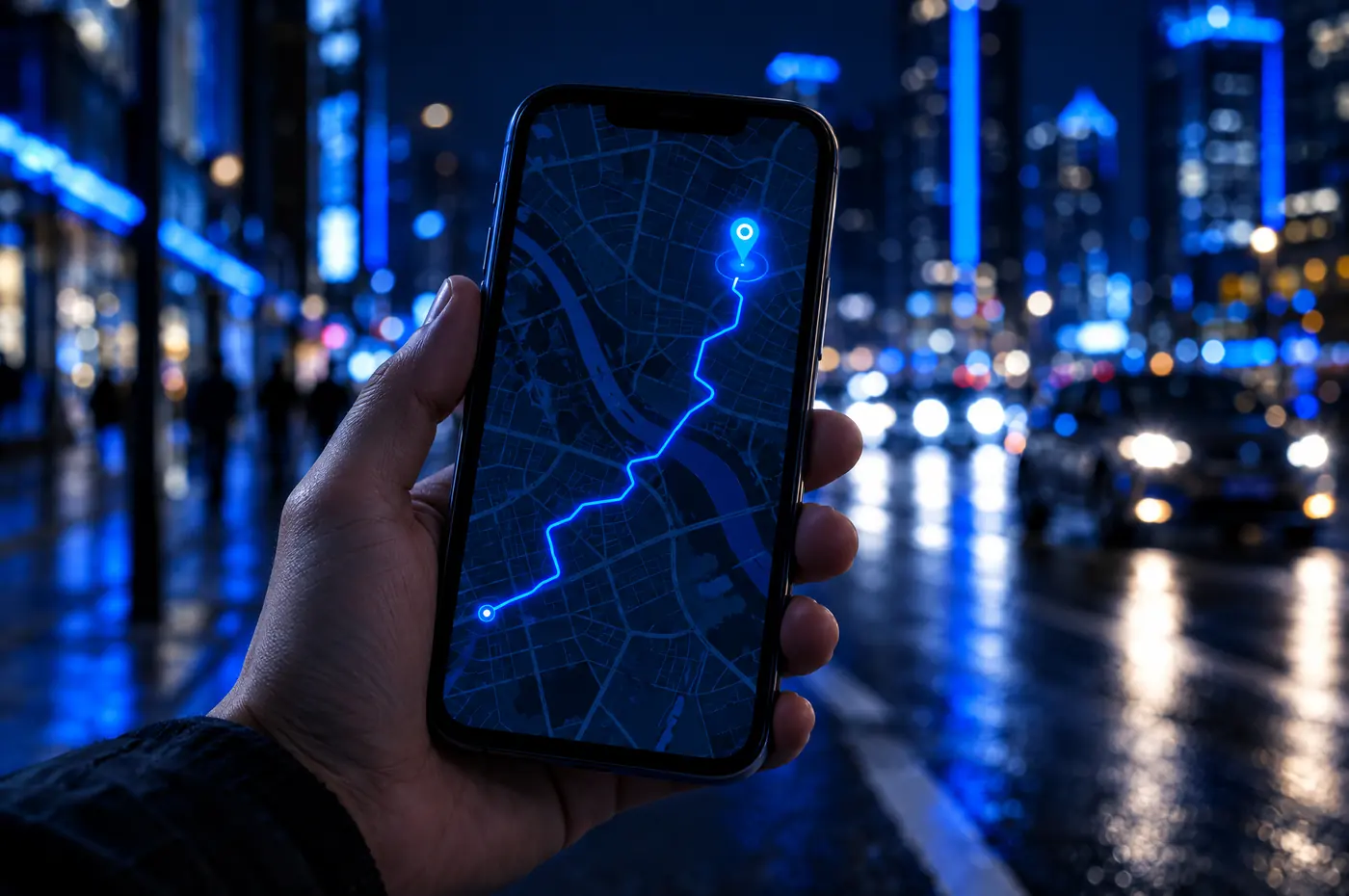 Mão segurando celular com o mapa do app e o trajeto do veículo em azul