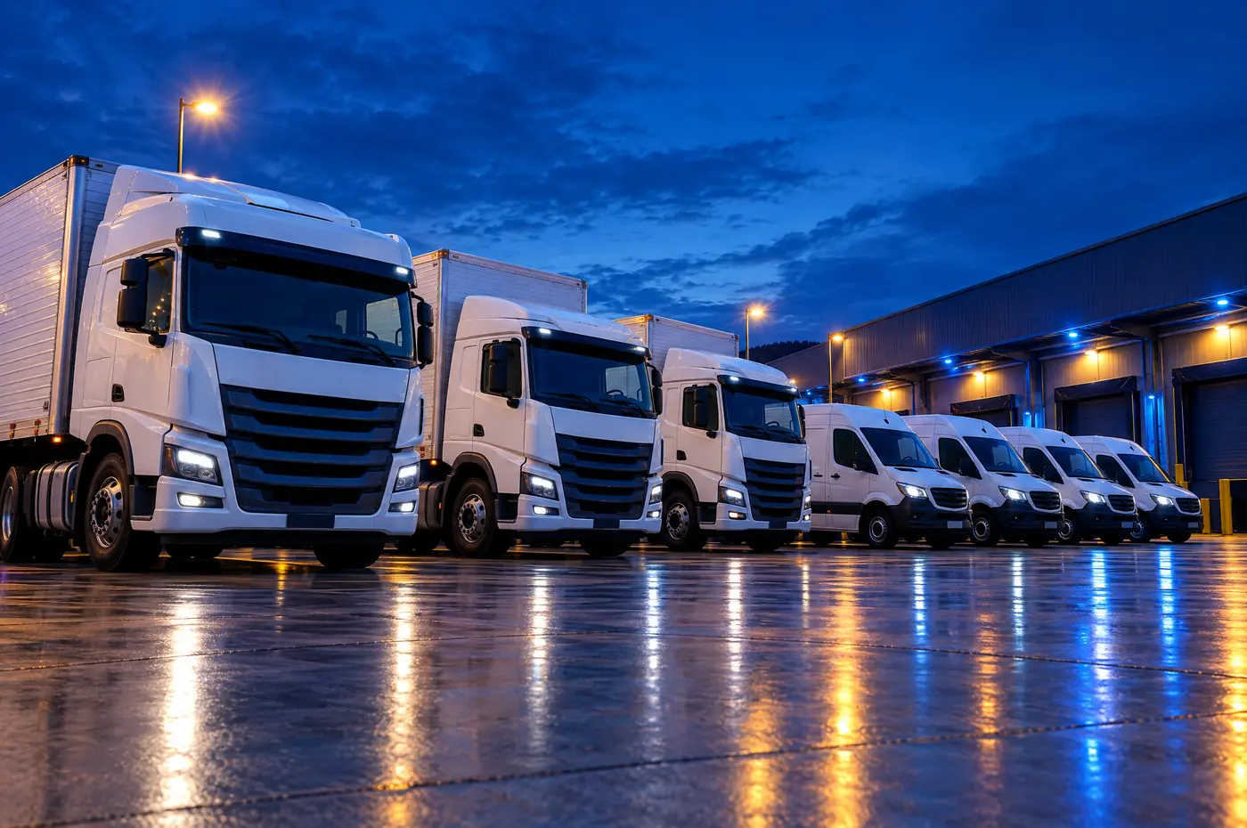 Fila de caminhões e vans brancas de uma frota estacionados no pátio ao anoitecer