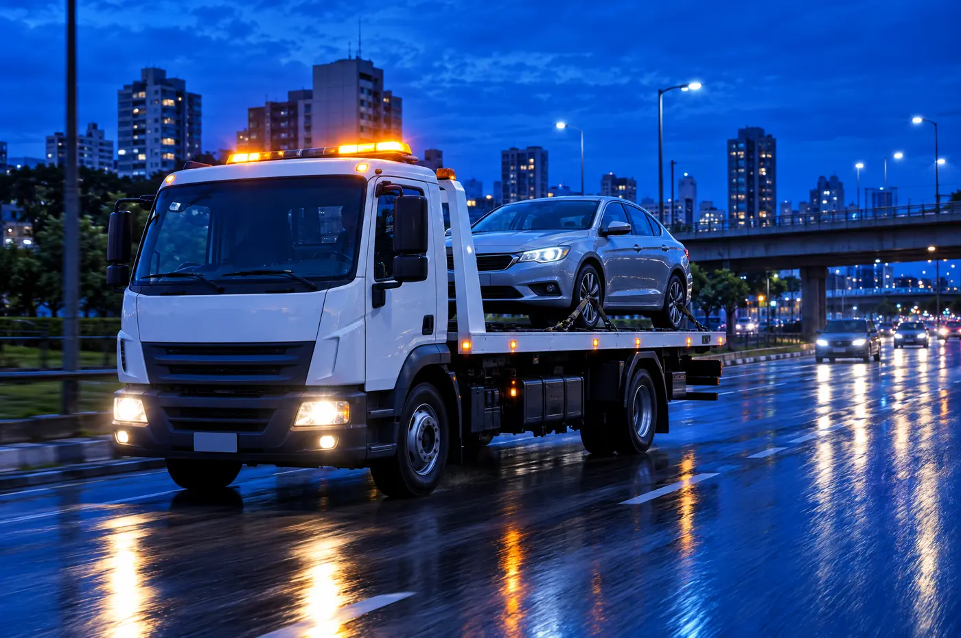 Guincho plataforma levando um carro prata numa avenida à noite