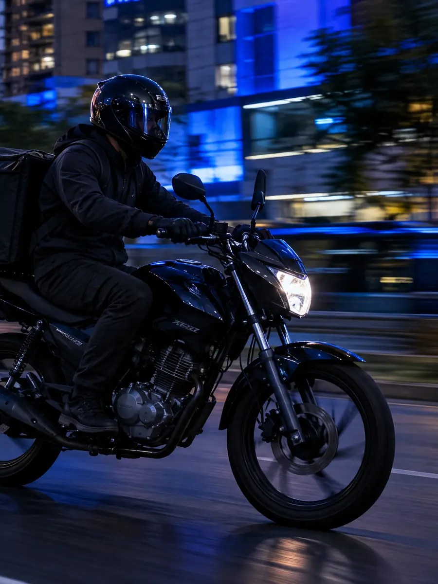 Motoboy de entrega pilotando numa avenida ao anoitecer