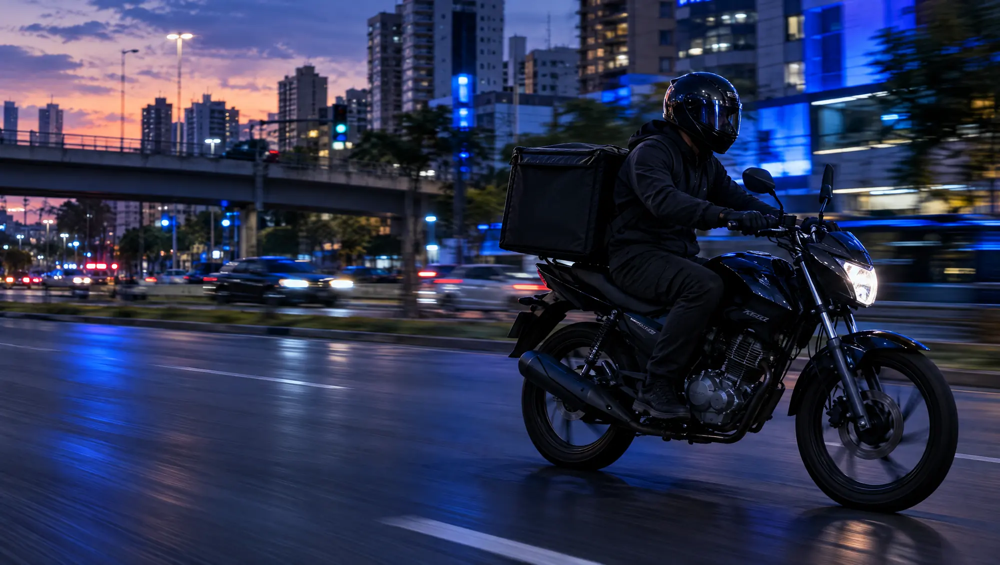 Motoboy de entrega pilotando numa avenida da cidade ao anoitecer